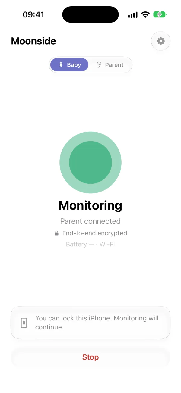 The Baby phone in the nursery: Monitoring, Parent connected, end-to-end encrypted