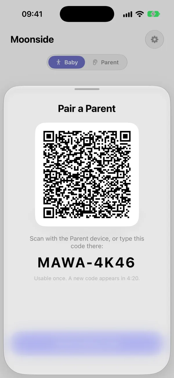 The Baby phone shows a QR code and an 8-character code for pairing