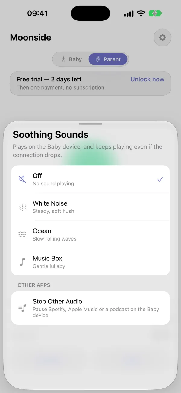 The Sounds screen: White Noise, Ocean and Music Box to play on the Baby phone, and Talk to Baby